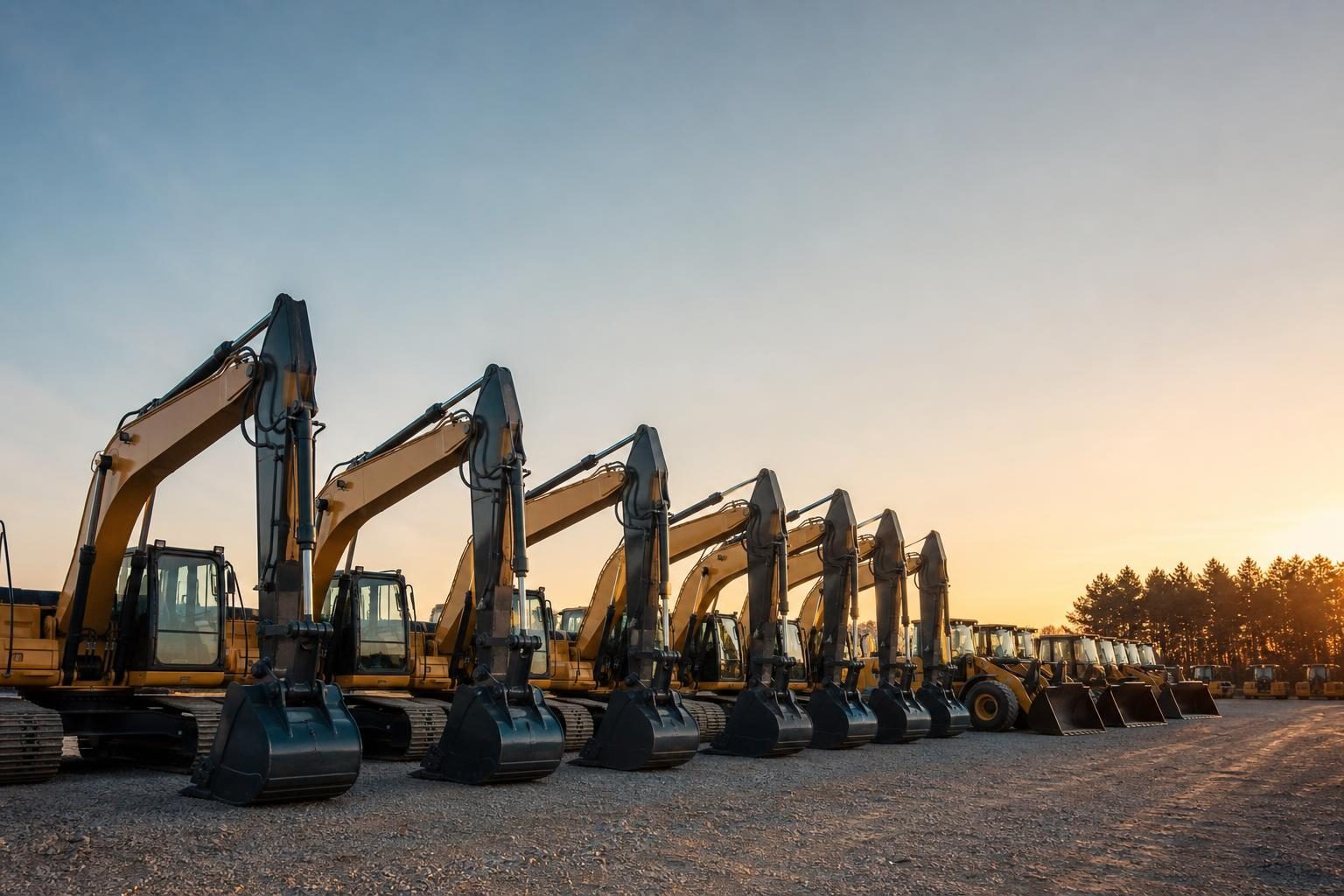 Equipment dealership inventory at a commercial worksite, illustrating vendor financing program for dealers