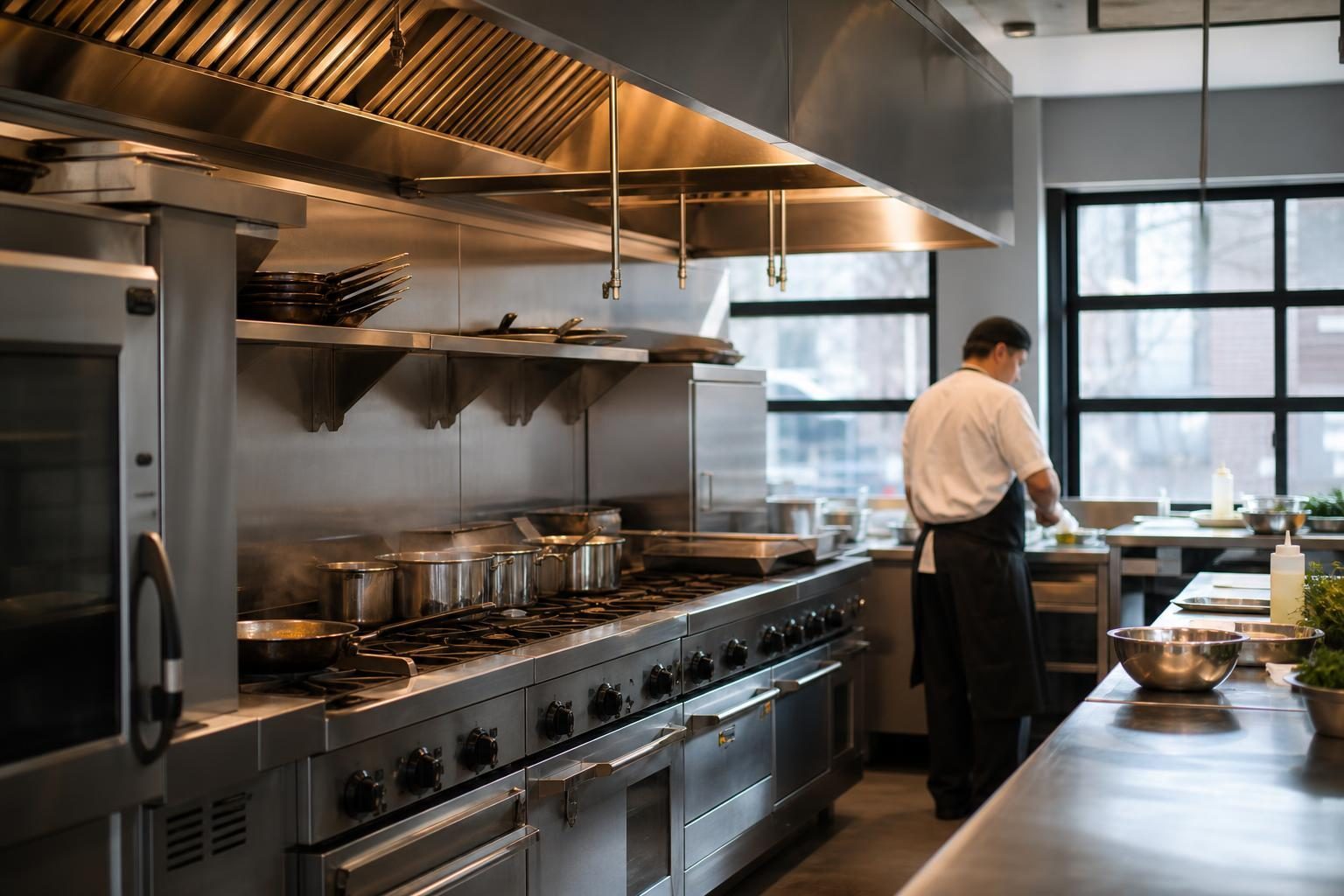 Commercial kitchen equipment at a commercial worksite, illustrating what restaurant food service equipment financing qualifies for