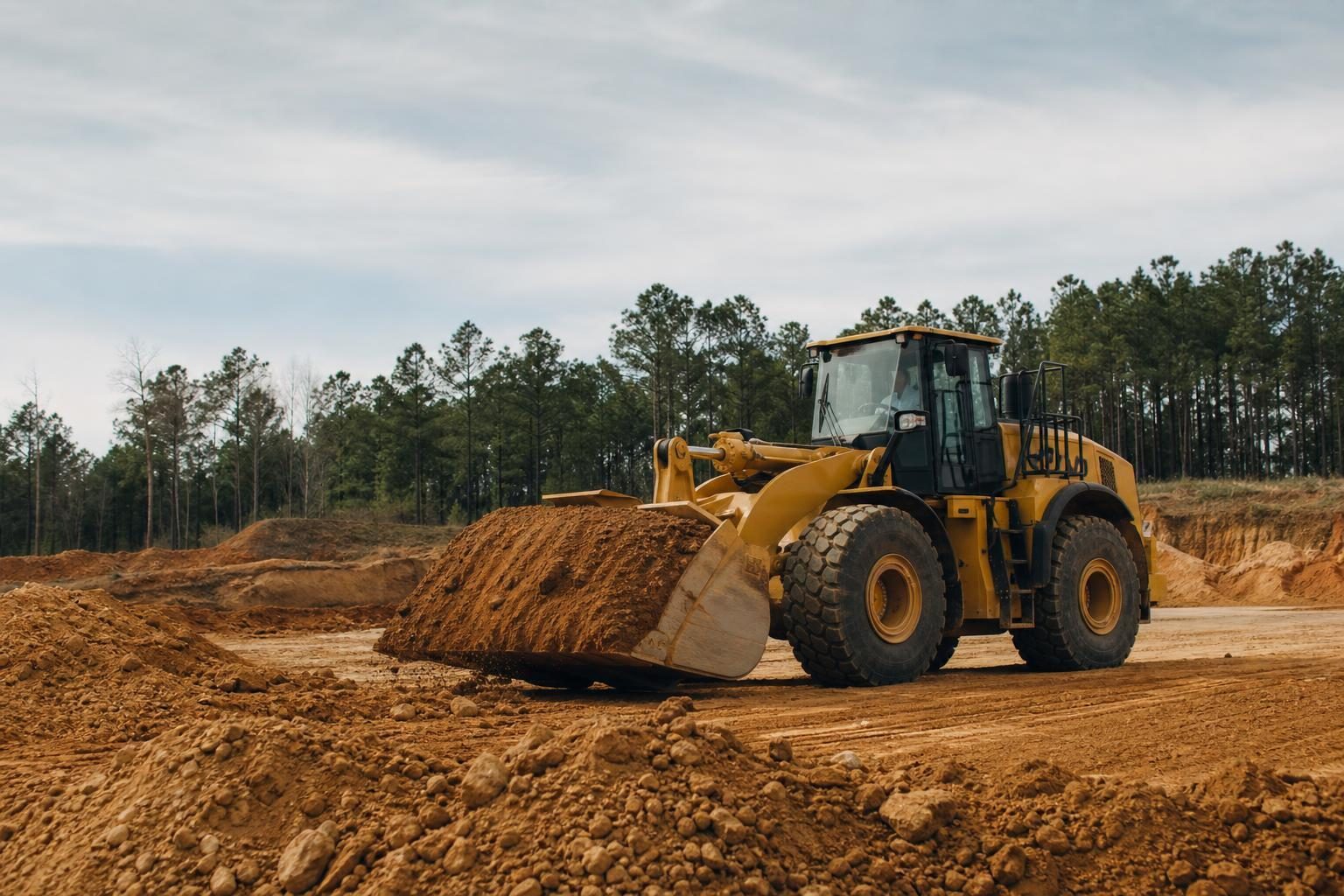 Wheel loaders at a commercial worksite, illustrating wheel loaders financing in georgia