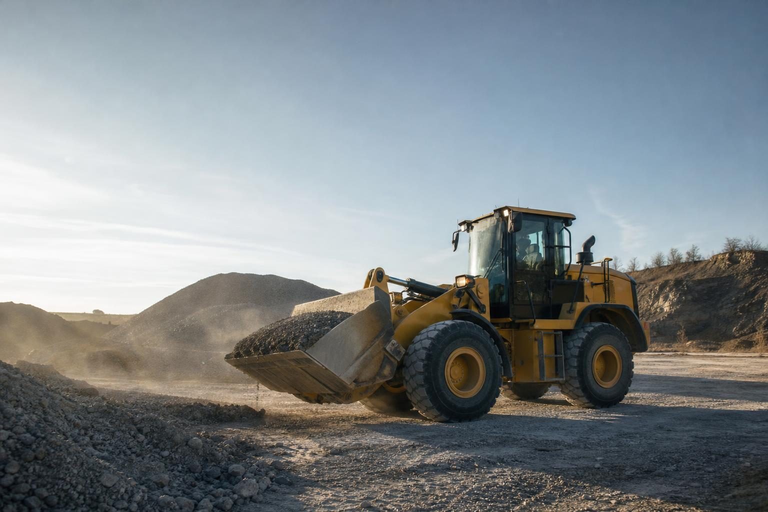 Used wheel loaders at a commercial worksite, illustrating wheel loaders financing used: what to expect