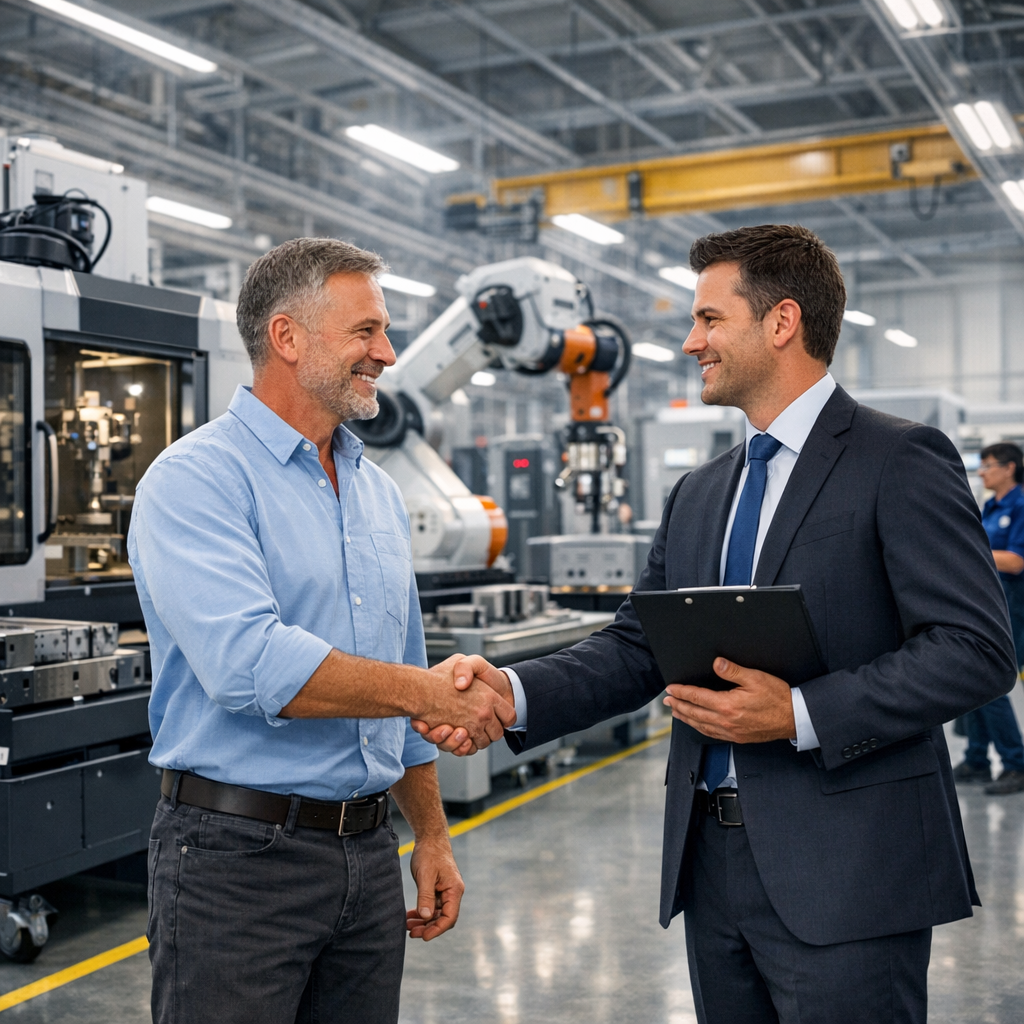 Industrial Machinery Financing Handsshake in Modern Factory